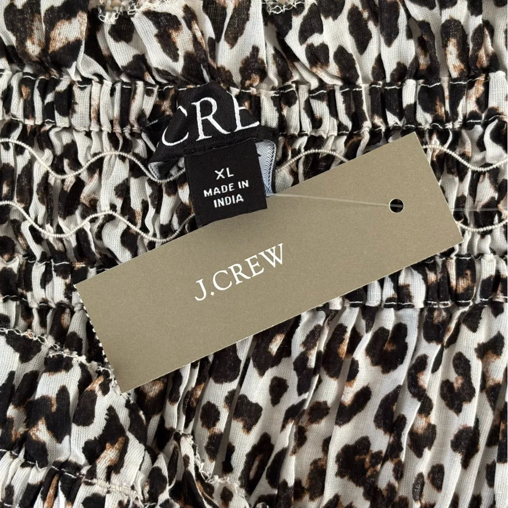 J Crew Smocked Maxi Dress NWT Cotton Voile Black Brown Leopard Print XL
